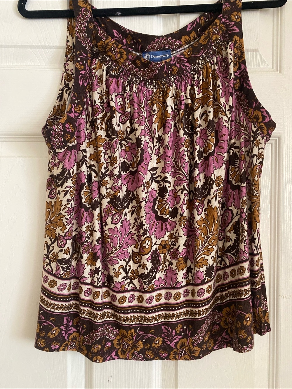 Democracy Floral Smocked Neck Tank Top in Pink, Brown & Cream
